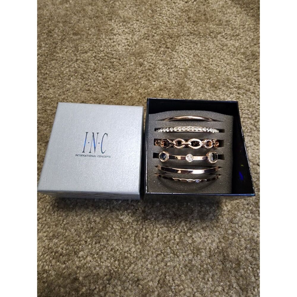 INC International Concepts Boxed Bangle Bracelet Set Rose Gold Tone Crystal Pave